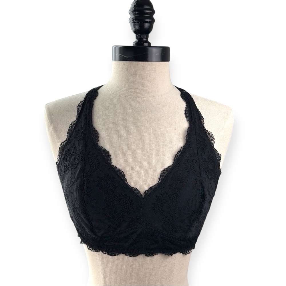 Black Lace Bralette - Soft Support Halter Bra